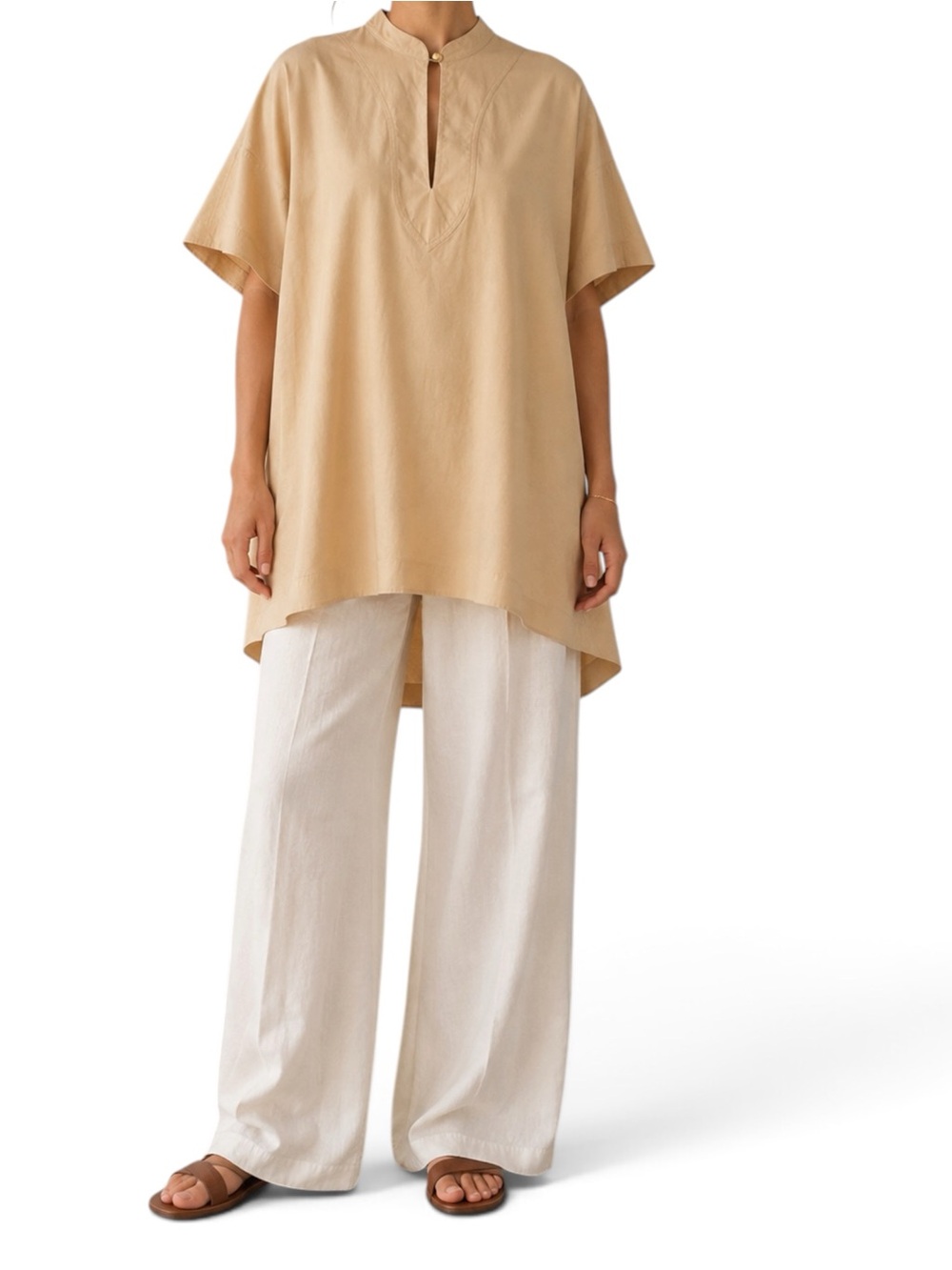 Lanvin Paris Oversized Cotton Tunic Top Beige High Low Size 38 Medium SS Shirt